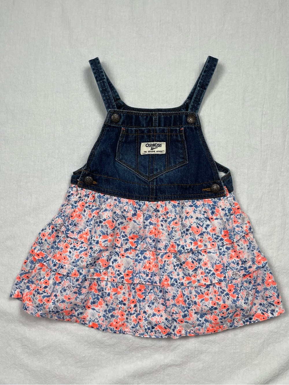 OshKosh B'gosh Denim Overall Floral Tiered Ruffle Dress 24M